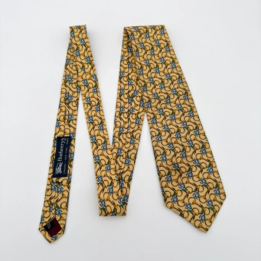 Burberrys London‎ Silk Tie Gold Equestrian Bit Chain Floral Vintage 3.5